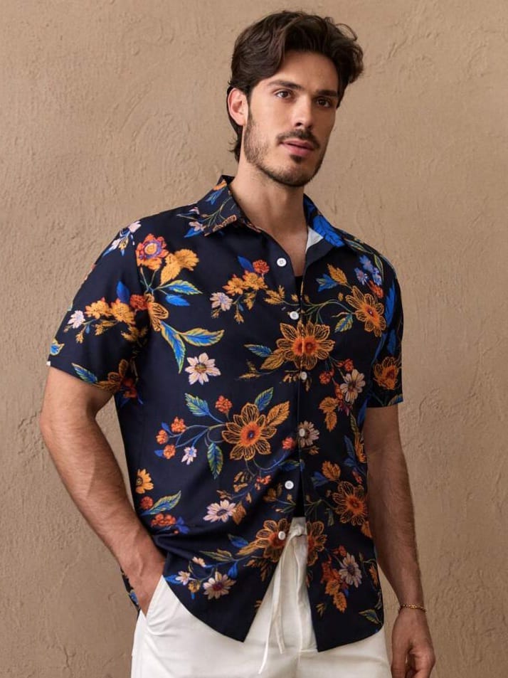 Uptown Funky Men's 3D Digital Floral Print Casual Short Sleeve Hawaiian Shirt